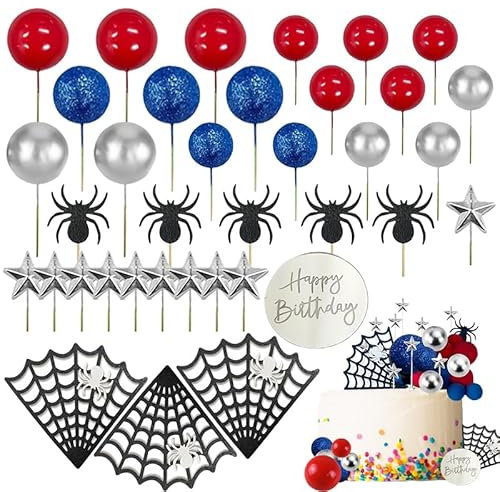 37PCS BMYUK Birthday Cake Decoration Spider Web & Stars Red Silver & Blue Glitter Balls Pick for Baby Shower Boys Kids Birthday Party Cake Decorations Supplies