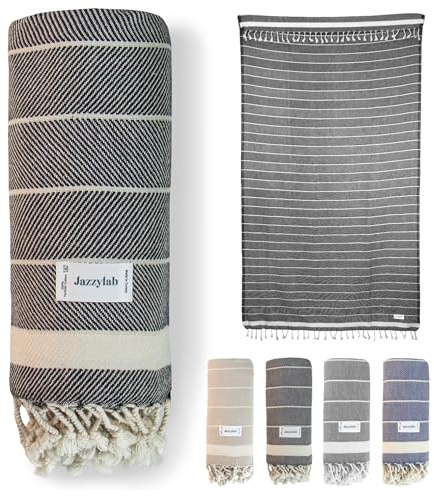 jazzylab VEREV Fouta Peshtemal | 100% Coton | Motif Chevrons élégant | Ultra légère et absorbante | Idéale pour Plage, Sauna, hammam & Voyage | Fabriquée en Turquie | 90x180 cm, Noir