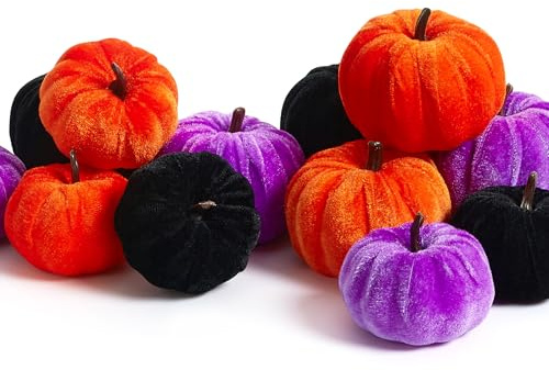 XIANNVXI 12 Pcs 3 Colours Small Velvet Pumpkins for Halloween Home Decor Artificial Fake Faux Harvest Fabric Foam Pumpkin for Halloween Decorations Indoor Party Thanksgiving Table Decoration
