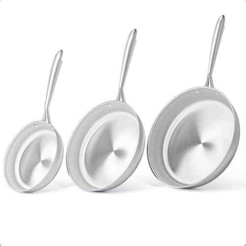 COOKNANO Lot de 3 poêles 20 + 26 + 30 cm en acier inoxydable, non revêtu, durables, poignées en acier inoxydable de haute qualité, convient à tous les types de cuisinières, passe au lave-vaisselle