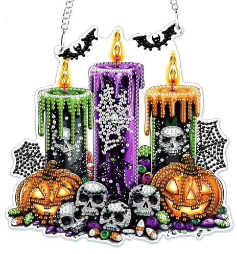 MOGTAA Halloween Diamond Painting Anhänger Kürbis, Herbst Diamond Painting Kinder Erwachsene, Schädel Diamant Painting Fensterbilder Beidseitig, Hängende Ornament Bastelset Set für Wand Decor