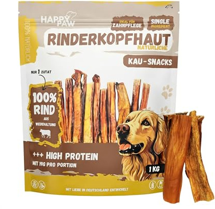 HappyPaw 1 kg nötkött hårbotten (15 cm) – 100 % naturliga tuggsnacks för hundar – tandvård och tuggkul – skonsamt torkad, proteinrik och fettsnål – tuggartiklar utan tillsatser och utan kemikalier