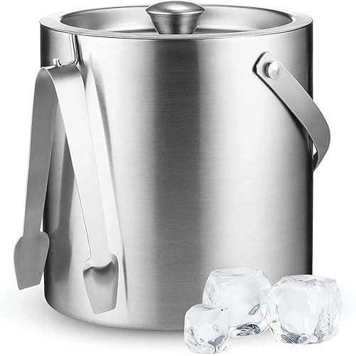 Högkvalitativ Is I Rostfritt Stål Med Lock Och Tång - 3 Liters Premium Dubbelväggig Metallis Med Sil - Enkelt Bärhandtag - Bar Ice För Isbitar Öl, A, 15X16CM