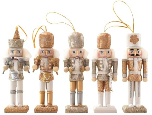 Mittokonnel 2025 Nussknacker Figur 5 Stücke Nussknacker Weihnachtsfiguren 13 cm Weihnachten Nussknacker Ornament,nussknacker tischdeko, Weihnachtsdekorationen(Weiß-Gold)