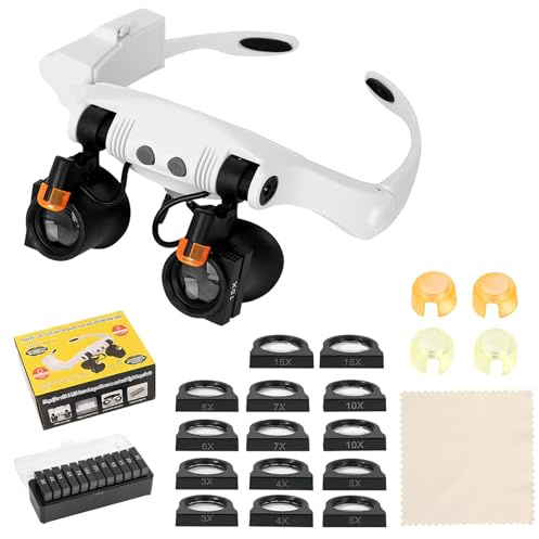 Lupenbrille mit LED-Licht bis 25-Fach - Vergrößerungsbrille mit 14 Wechsel-Linsen (3X-15X), Komfortable Kopfband-Vergrößerungsbrille für Modellbau, Reparatur & Handarbeit, AAA-Batteriebetrieb