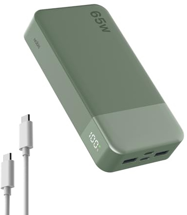 NOBIS bateria Externa Carga rapida 20000mAh 65W, Power Bank con Pantalla Digital y Dual USB-C/USB-A para Laptop, Teléfono, Tablet, Bateria portatil