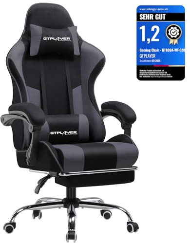 GTPLAYER Gaming Stuhl Stoff, Bürostuhl Massage Gaming Sessel Ergonomischer Gamer Stuhl mit Fußstütze, Gepolstert Gaming Chair, Drehsessel 150KG, grau