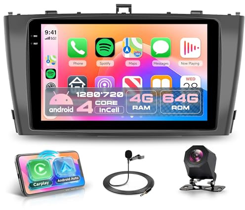 Rimoody 4G+64G Android Radio Coche para Toyota Avensis T27 2008-2015 Inalámbricos Carplay Android Auto, 9 Pollici Incell Pantalla Táctil Radio con GPS Navi WiFi Bluetooth FM/RDS EQ/SWC Cámara Trasera