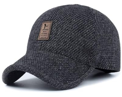 CBMZHF Gorra de béisbol para hombre, de lana cálida, de tweed, con calentador de orejas plegable, Negro, 7 1/4