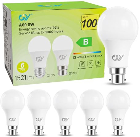 GY 8W Bayonet Light Bulbs, 100W Equivalent, Cool White 6500K, B22 GLS 1521LM High Energy-Efficient Class B, A60 Energy Saving LED Bulbs, Non-Dimmable, 6 PCS