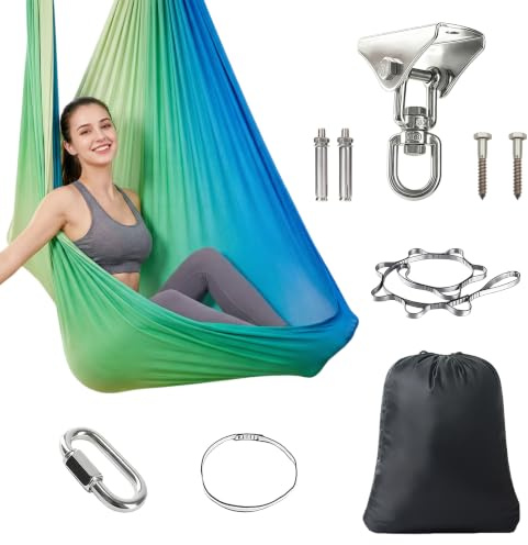 Esoes Yoga Hängematte Set 150x280cm mit Montagezubehör für Yoga Camping | Reißfestes Yoga Aerial Yogatuch mit Schaukelplatte Verlängerungsgurt Karabinern für Studio Zuhause Picknick Outdoor-Schaukel