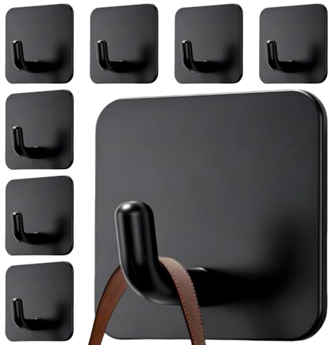 Lamondre 8 Stück handtuchhalter ohne bohren, klebehaken schwarz, haken selbstklebend - Edelstahl, klebehaken extra stark für wandhaken, Bad, Küche, Büro, Toilette