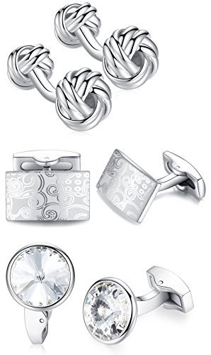 3 Paar Honey Bear Herren Hemd Hochzeit Manschettenknöpfe Set Rechteck rund mit Kristall Knoten verdreht Cufflinks Edelstahl Manschettenknopf,Silber (mit Box)
