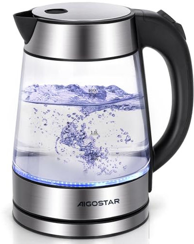 Aigostar Chubby - Hervidor de Agua Eléctrico de Vidrio Borosilicato, Hervidora de Cristal Acero Inoxidable con Iluminación LED, 1,7 litros, 2200 W, Apagado Automático, Filtro Extraíble, Libre de BPA