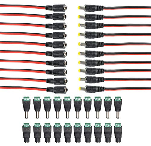 Oiyagai 10 Coppie Connettore Adattatore DC 2.1mm x 5.5mm + 10 Coppie Cavo DC 12V 5A Maschio e Femmina per Sorveglianza di Sicurezza Domestica CCTV