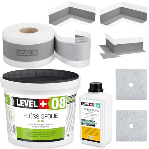 Dichtset Bandset Bad Dusche 7 Kg Flüssigfolie, 1L Tiefengrund, 5m Dichtband | 2 Innenecken, 1 Außenecke, 2 Wandmanschetten SET100