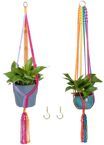 HOWMAX Rainbow Colorful Macrame Plant Hanger with 4 Hooks, Hanging Plant Holder Indoor Outdoor, Handmade Cotton Rope for Boho Room Decor Hanging Ceiling Decor，2 Pack. | Hanging Plant Holder with 2 Hooks, Indoor Outdoor, Handmade Cotton Rope, Boho Room Decor