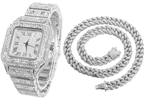 HALUKAKAH Diamant Montre en Or, Hommes Plaqué Or Blanc Platine 40MM Large Carré Cadran Quartz Bracelet 24cm avec Lien Cubain Chaîne 45cm Collier Set, avec Boite Cadeau