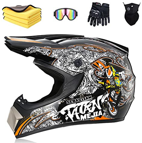 Ruiqieor Casque Moto Casque Cycliste Pour Enfants,Garçon Et Fille Scooter De Ski VTT Casque,Convient Pour Toutes Les Saisons Lunettes Avec Gants (grey orange,XL(61-62cm))