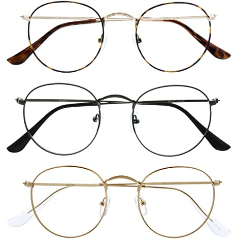 OPULIZE Sol - Lesebrille 3er Pack Blaulichtfilter Runder Metall Retro Rahmen Verbessern Den Schlaf Computer Gaming Entspiegel Braun Metallgrau Herren Gold Damen BBB94-279 +3.50