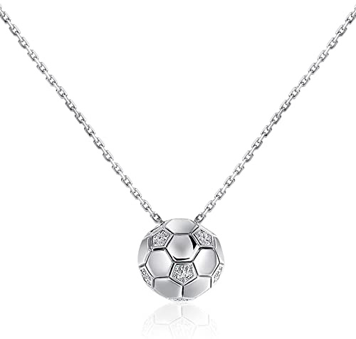 Patelai Collar de Fútbol Colgante de Balón Grabado con Dije de Pelota de Cadena con Diamantes de Imitación para Mujeres Hombres Niñas Niños (Plata)