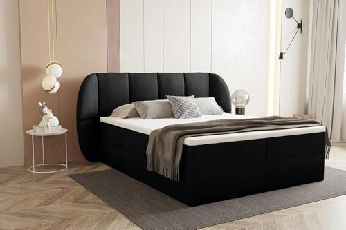 TRADA Boxspringbett 140x200 cm, Bilbao, Schwarz | Elegant Boxsprinbett mit dekoratives Kopfteil, mit Bettkasten und Taschenmatratze