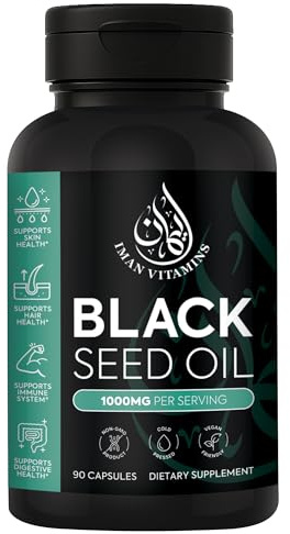 Iman Vitamins Halal Natural Black Seed Oil Capsules 1000mg Cold Pressed, Vegan, Non-GMO Nigella Sativa Capsules, Gluten Free Pills | 90 Count, 1000mg PS
