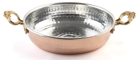 vensila Sartén de cobre martillado a mano – Sartén de cobre grueso forrado de estaño – Auténtica sartén para tortilla – Sartén de cobre rojo con asas de latón – Utensilios de cocina de cobre turco