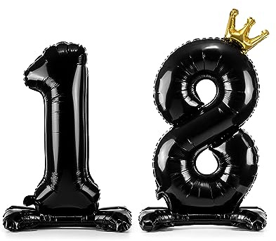XXL Folienballon 18 Schwarz Gold – selbststehender Ballon | Zahlenballon 18 mit Krone, nur Luftbefüllung, kein Helium nötig, Deko zur Volljährigkeit für Mädchen, Jungen & Partyfotos