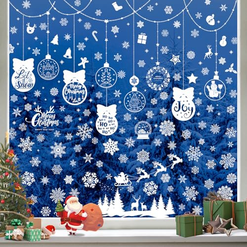 Hianjoo 200 Pièces Noel Decoration Fenetre Autocollants 9 Feuilles, Blanc Noel Autocollant Fenetre Flocons de Neige Grand Stickers pour Vitrines