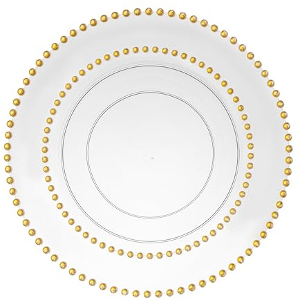 Decorline Premium Mehrweg Plastik Partygeschirr set 20 Teller Beaded-Kollektion, Wiederverwendbares Teller Weiss mit Gold Rand | Set 2 Größen - 10x 26cm + 10x 19cm je 10 Stück - Weiss/Gold