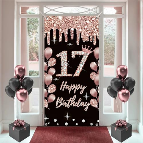 17. Geburtstag Dekorationen für Mädchen, Happy 17 Jahre Stoff-Schild Poster Rosegold Hintergrund, 180 cm x 90 cm