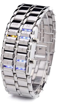 EnweMahi Orologi Binari LED, Orologio Digitale Luminoso Impermeabile, Display Ora/Data, Display AM/PM, Cinturino in Acciaio, Orologio Unico per Giovani Studenti Silver