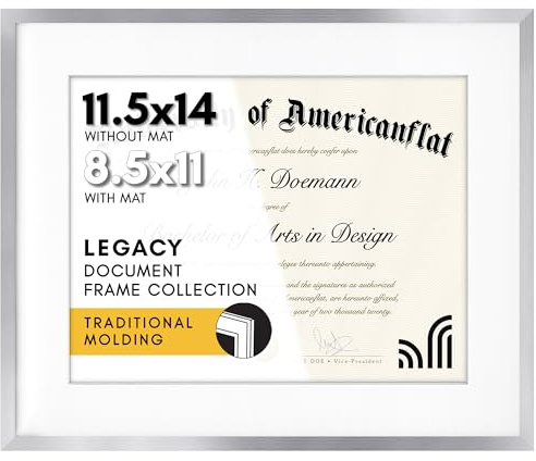 Americanflat 11.5x14 Diploma Frame with Shatter-Resistant Glass - Use as 8.5x11 Frame with Mat or 11.5x14 Frame without Mat - Legacy Collection - Thin Picture Frame for Wall Display - Silver
