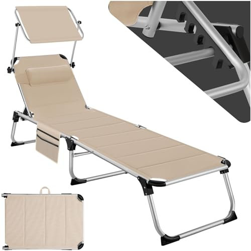 TecTake® Sdraio da Mare, Sdraio da Spiaggia Pieghevole con Parasole, Sdraio da Giardino con Schienale Regolabile in 6 Posizioni, Cuscino Poggiatesta Removibile e Tasca Laterale - Beige
