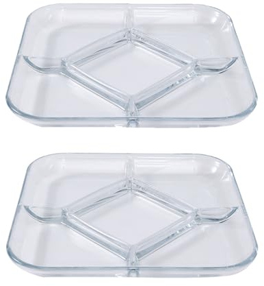 TAMUME 9 Glas-Servierplatte mit 5 Fächern für Snacks, 2er-Pack, quadratischer Snack- und Dip-Behälter