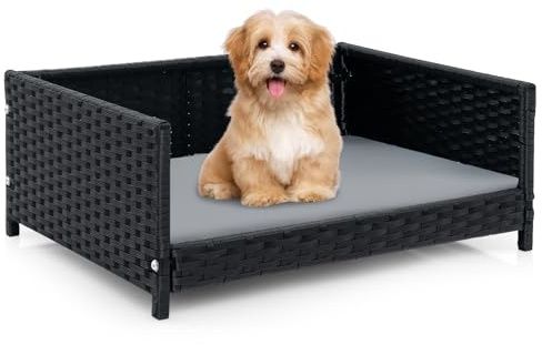 COSTWAY Lettini per Cani in Rattan, Cuccia Estiva per Cani con Cuscino Morbido Impermeabile, Telaio Metallico, Brandina Rialzato da Interno ed Esterno, 62 x 46 x 25 cm