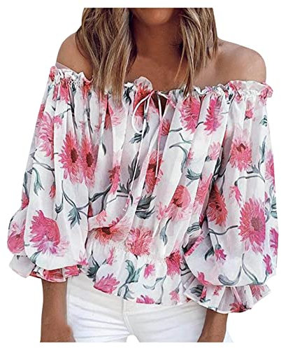 Keepink Off The Shoulder Tops for Women UK Sexy Floral Print Tops Oversized Batwing 3/4 Sleeve Blouses Casual Ruffles Tie-Up Chiffon Blouse Elegant Flowy Tunic Shirts Party Wedding