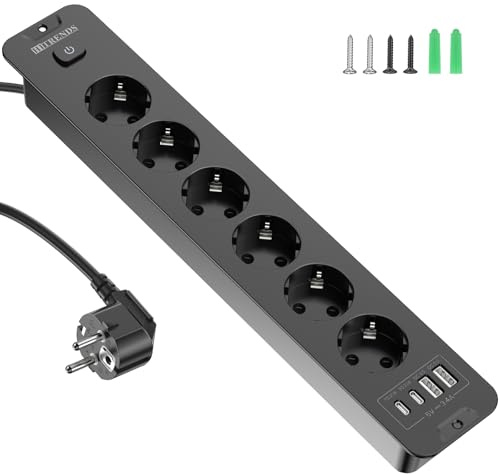 HITRENDS Versenkbare Steckdose mit USB, 6 Fach Einbausteckdose mit 2 USB, Tischplatte Versenkte Steckdose mit 2 USB C, Einbau Steckdosenleiste mit 2M Kabel für Arbeitsplatte Möbel, Schwarz