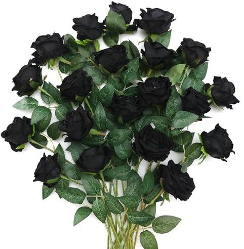 JUSTOYOU 20 PCS Schwarze Rosen künstliche Blume, Seide blühende Rose mit Stiel, künstliche Rose Bouquet Realistische Blume für Home Table Office Party Hochzeit Garten Arrangements(schwarz)