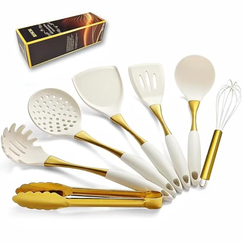 Elegantes goldfarbenes Silikon-Kochutensilien-Set – ungiftig, spülmaschinenfest, Küchenhelfer mit ergonomischen Komfortgriffen und schicken goldfarbenen Edelstahl-Details für Familienküche (Weißgold)