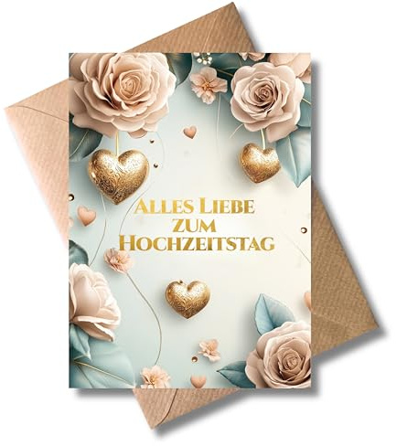 WBdesignz Jahrestag Karte mit Umschlag - “Alles Liebe zum Hochzeitstag” Geschenkkarte zum Jubiläum Ehe Partnerschaft Beziehung Liebe Rose Gold Herz Glückwunschkarte zum Hochzeitstag Ehepaar (DIN A6)