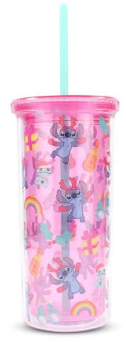 Disney Lilo & Stitch Christmas Stitch Tasse en plastique pour carnaval avec couvercle étanche et paille réutilisable – Contenance : 591 ml