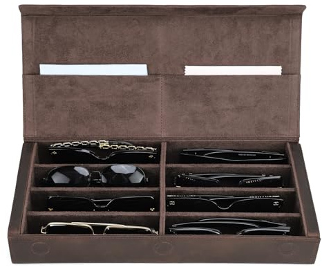 Contacts Brillenbox aus Leder für Herren/Damen, 2/4 Sonnenbrillenhalter, Reiseetui, Brillen-Organizer mit Mikrofaser-Futter und Reinigungstuch-Schlitz