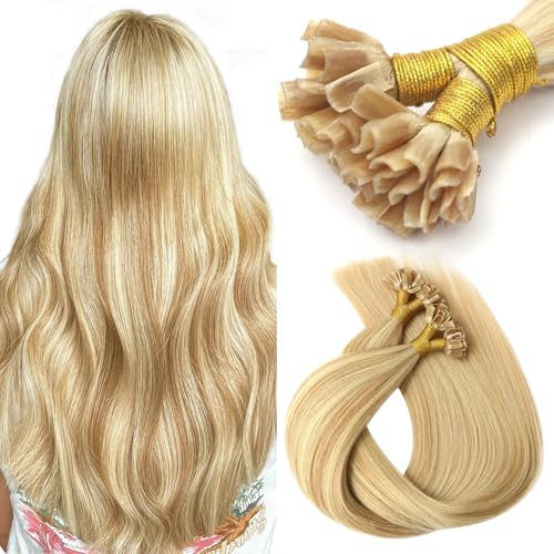 VINBAO U Tip Bondings Extensions Echthaar, Karamellblond Highlights Bleichblond, 40cm 50s 40g U Tip Echthaarverlängerungen, Keratin Remy Echthaar 16Zoll U Tip #27P613