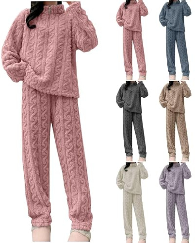TAITUS Traje de Ocio cálido de Forro Polar para Mujer, Conjunto de Ropa de Dormir de Franela de Forro Polar, Ropa de Estar por casa de Franela, Pijama térmico para Mujer, Conjunto de Pijama (XL,Rosa)