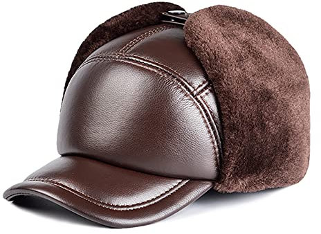 WDSOPK Wintermützen, Mütze Herrenmütze Mütze mit Ohrenklappen Winddichte Wintermütze Leder wasserdichte Fliegermütze(Braun 7)