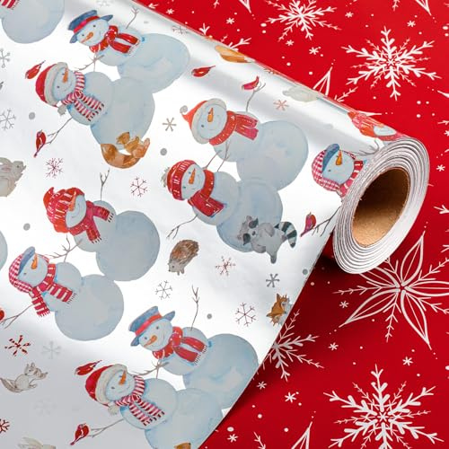 Wikadlik Weihnachts-Geschenkpapier für Geschenke, metallisches silbernes Schneemann-Geschenkpapier mit roten Hüten, Geschenkpapierrolle für Feiertage, festliche Feiern, DIY-Basteldekoration – 43 cm x