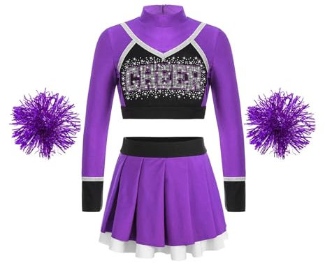 DYYEUAVT Cheerleading-uniform, barn, skolflickor, Cheerleading, uniform, dansutrustning, magtröja, blomma, bollar, cheerleader, kostym för barn, hejande, lagkläder, hejerleader-kostym (B lila, 12)