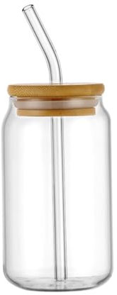 Juego de vasos de vidrio en forma de lata reutilizables con tapas y pajitas y cepillo para batidos, cócteles, té, cola, jugo, refrescos (350 ml)